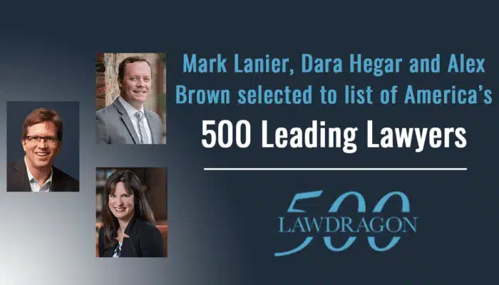 Headshot of Mark Lanier, Dara Hegar and Alex Brown next to 500 Lawdragon's badge