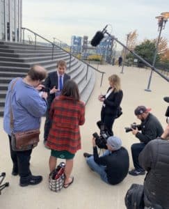 Mark Lanier on courthouse steps after opioid verdict