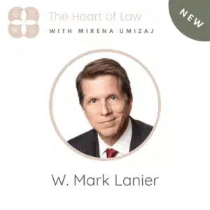 Headshot of Mark Lanier with the Heart of Law podcast logo