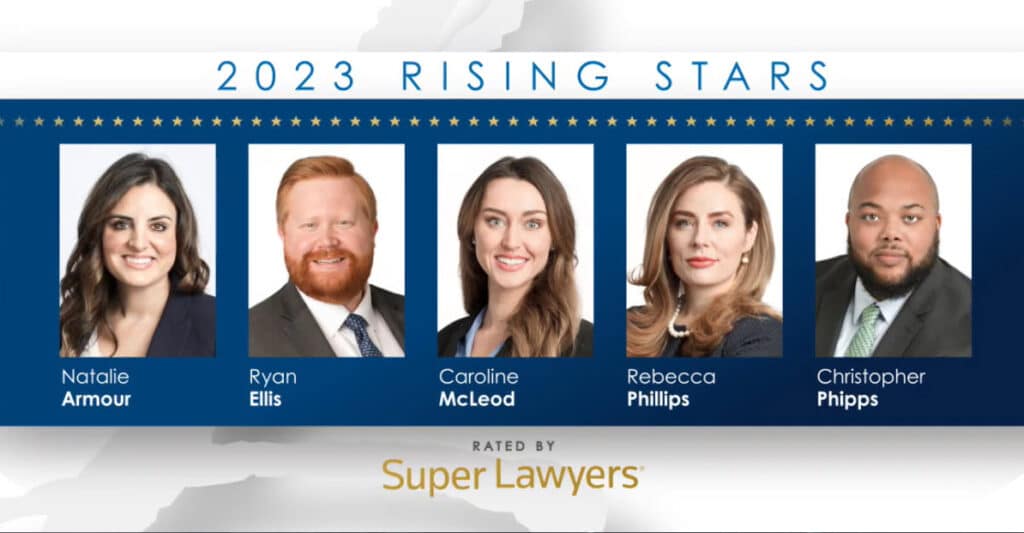 Super Lawyers logo and photo of 2023 rising starts form the Lanier Law Firm