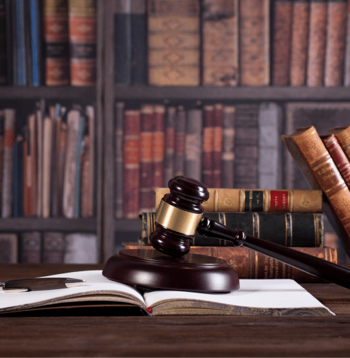 Wooden gavel on an open law book in front of a bookcase.