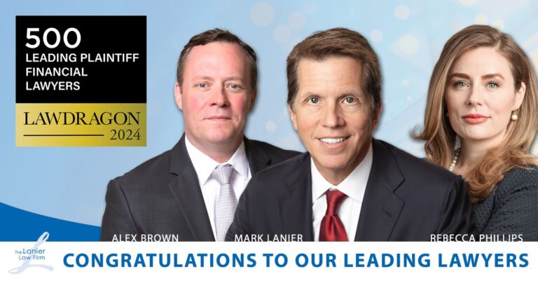 Headshot of Mark Lanier, Rebecca Phillips and Alex Brown next to Lawdragon 2024 badge