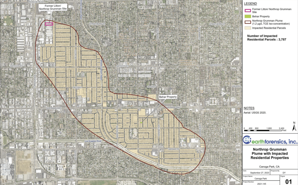 Arial view of the area impacted by the Canoga Park water contamination, highlighting affected zones.
