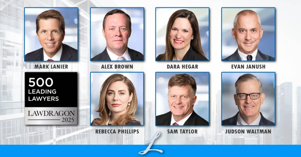Photos of the seven Lanier Law Firm attorneys honored by Lawdragon as 500 Leading Lawyers in America with the official badge
