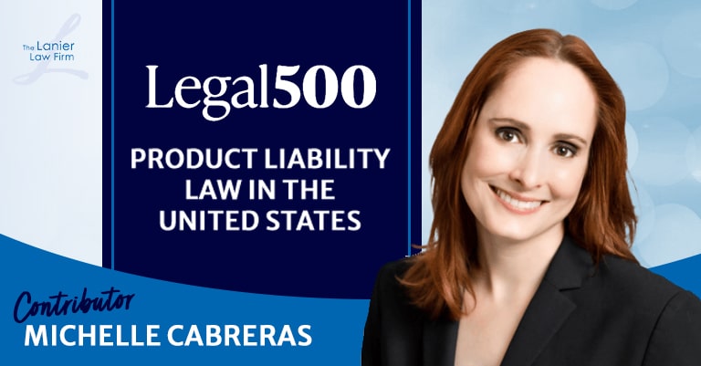 Photo of Michelle Cabreras next to the Legal 500 Product Liability Law in the United States logo