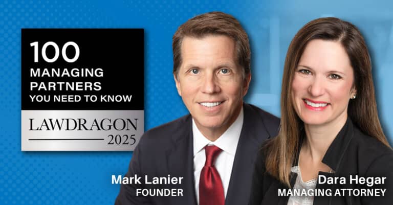 Headshot of Dara Hegar and Mark Lanier with the official Lawdragon 100 Managing Partners You Need to Know badge for 2025
