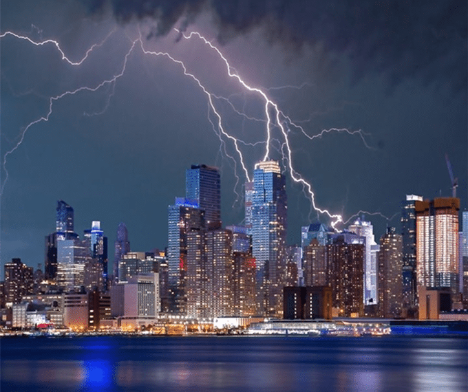 City skyline during a severe thunderstorm