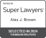 Alex J. Brown's official badge of Rated By Super Lawyers, Selected in 2024 Thomson Reuters