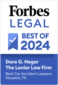 Dara G. Hegar's and The Lanier Law Firm's Forbes Legal best of 2024 official badge for Best Car Accident Lawyers Houston, TX