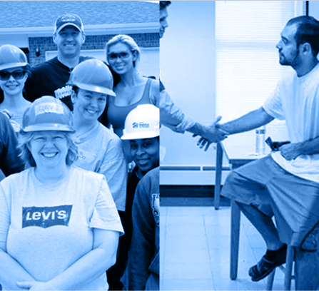 A photo of workers on one side and another of a mesothelioma patient in the other, both with Lanier Law Firm attorneys' community involvement