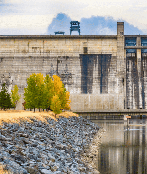 Libby dam seen from below with its reflection in the water