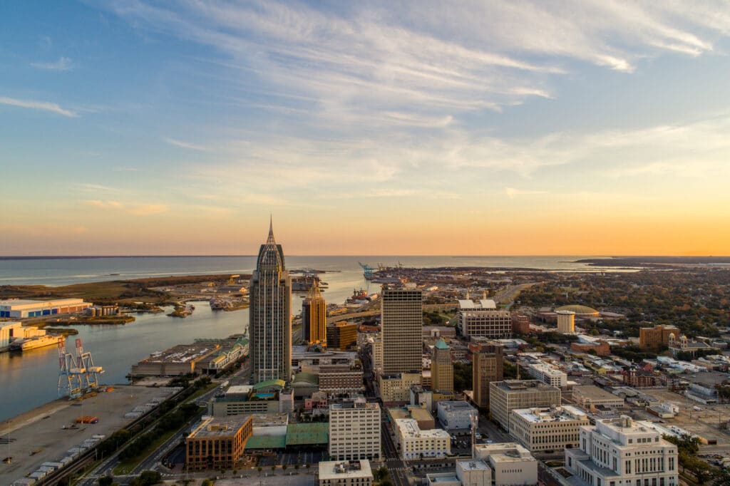 Alabama riverside skyline at sunset