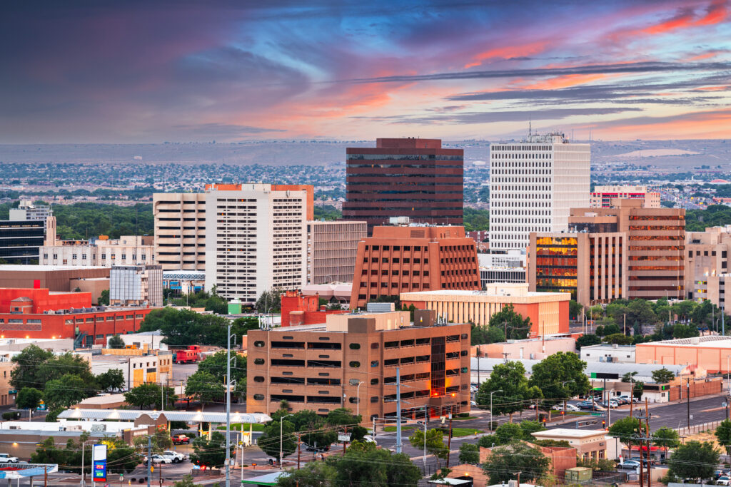 Downtown Albuquerque, New Mexico, cityscape with modern buildings and clear skies