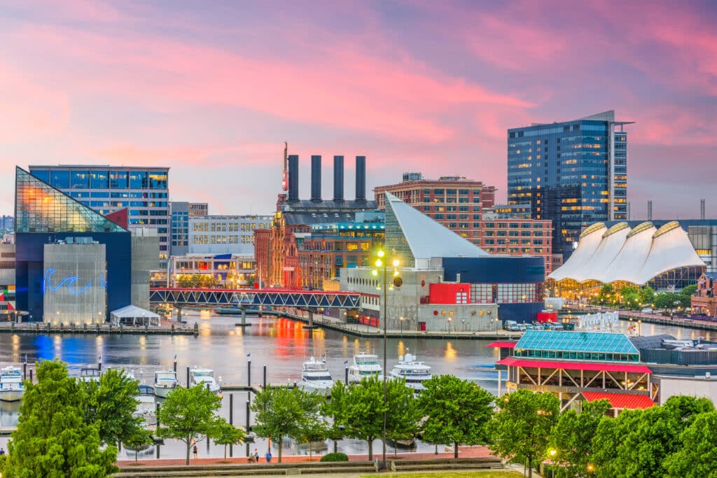 Baltimore, Maryland, USA Skyline over the Inner Harbor at dusk.