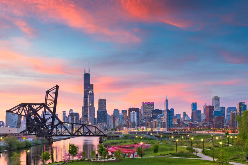 Chicago, Illinois, USA park and skyline at sunset
