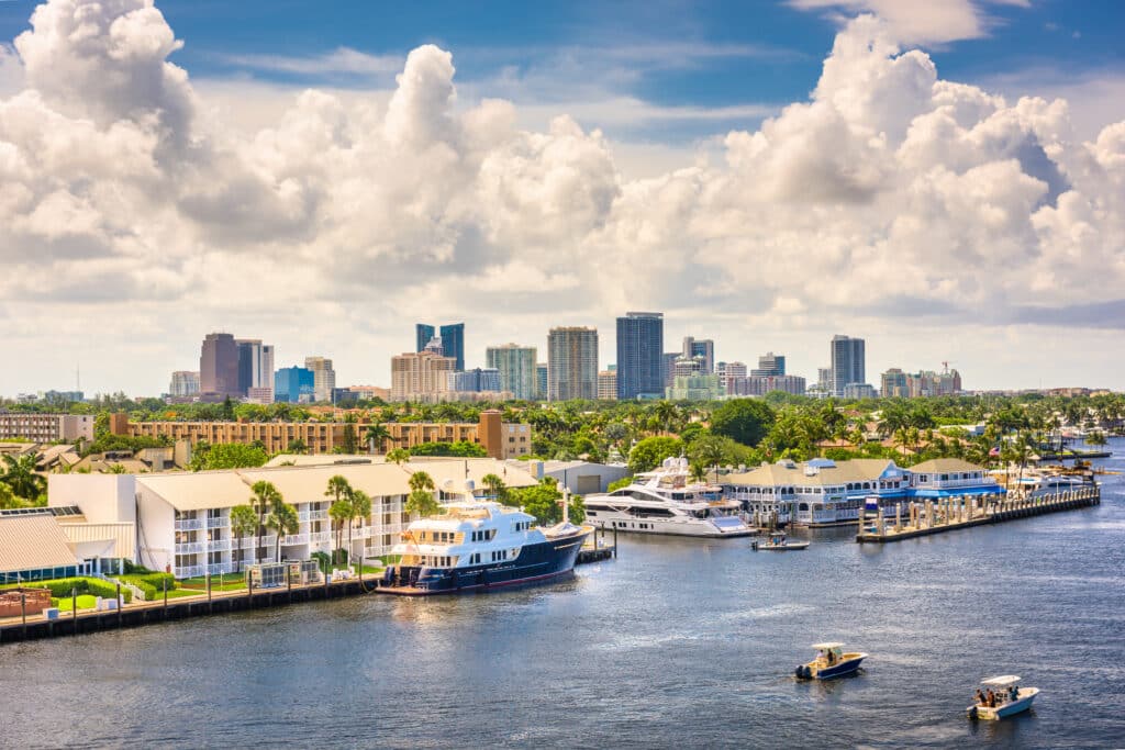 Fort Lauderdale, Florida, USA skyline on the river in the afternoon.