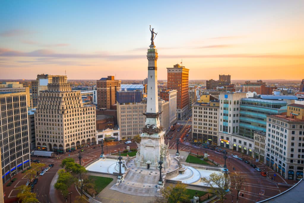 Aerial view of Monument Circle, located in the middle of downtown Indianapolis, Indiana
