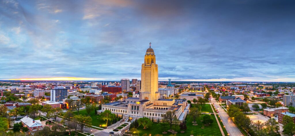 Lincoln, Nebraska, USA cityscape at the capitol building at twilight