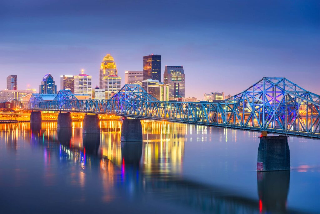 Louisville, Kentucky, USA downtown skyline at dusk.