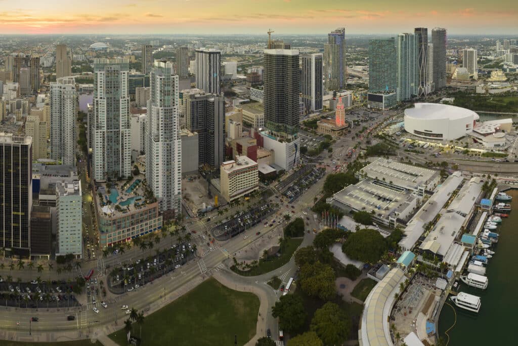 Aerial view of downtown district of Miami Brickell in Florida, USA at sunset.