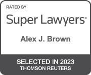Alex J. Brown's official badge of Rated By Super Lawyers, Selected in 2023 Thomson Reuters