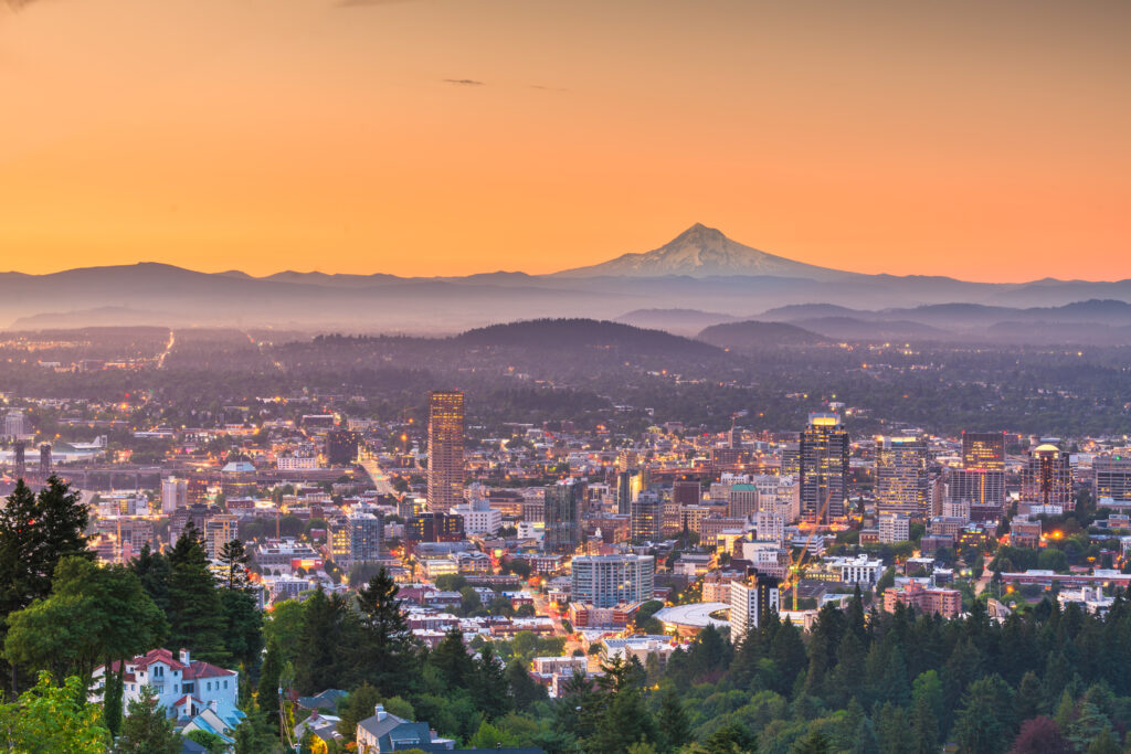 Portland, Oregon, USA downtown skyline with Mt. Hood at dawn