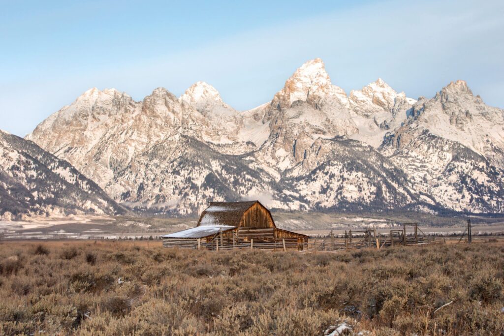 The snow-covered Teton Mountain Range in Grand Teton National Park, Wyoming, USA