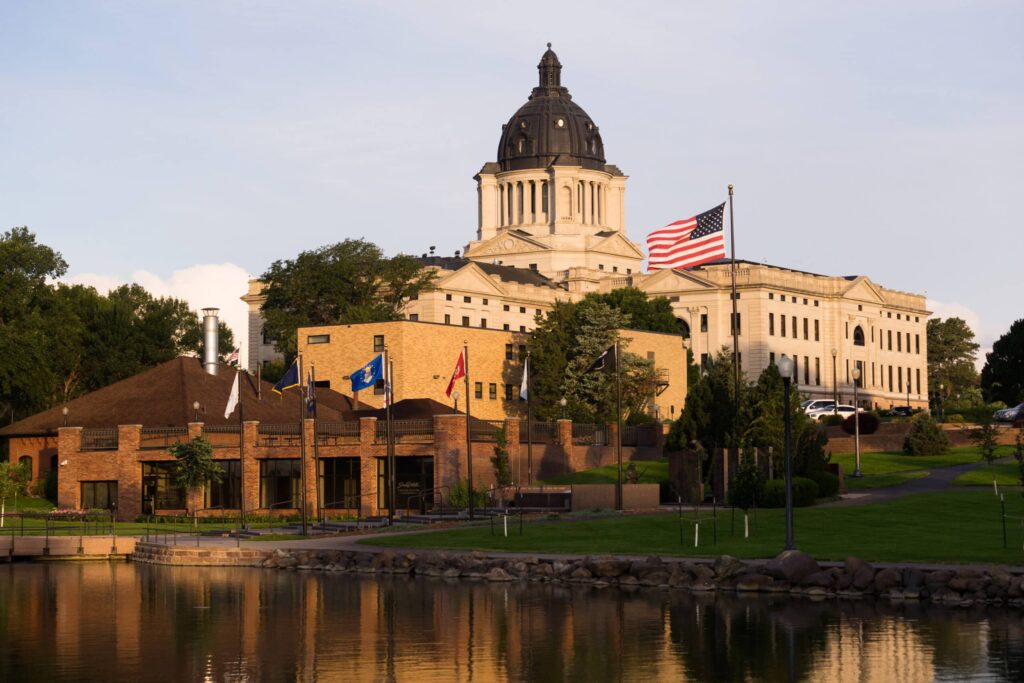 Sunrise lights up the capitol dome in Pierre, South Dakota