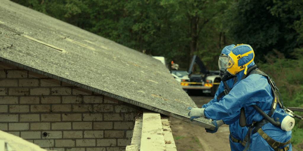 Workers with protective equipment from an asbestos company checking a roof