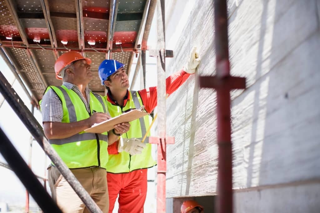 Building engineers inspecting a wall for structural issues, unaware of asbestos exposure in the surrounding materials & dust