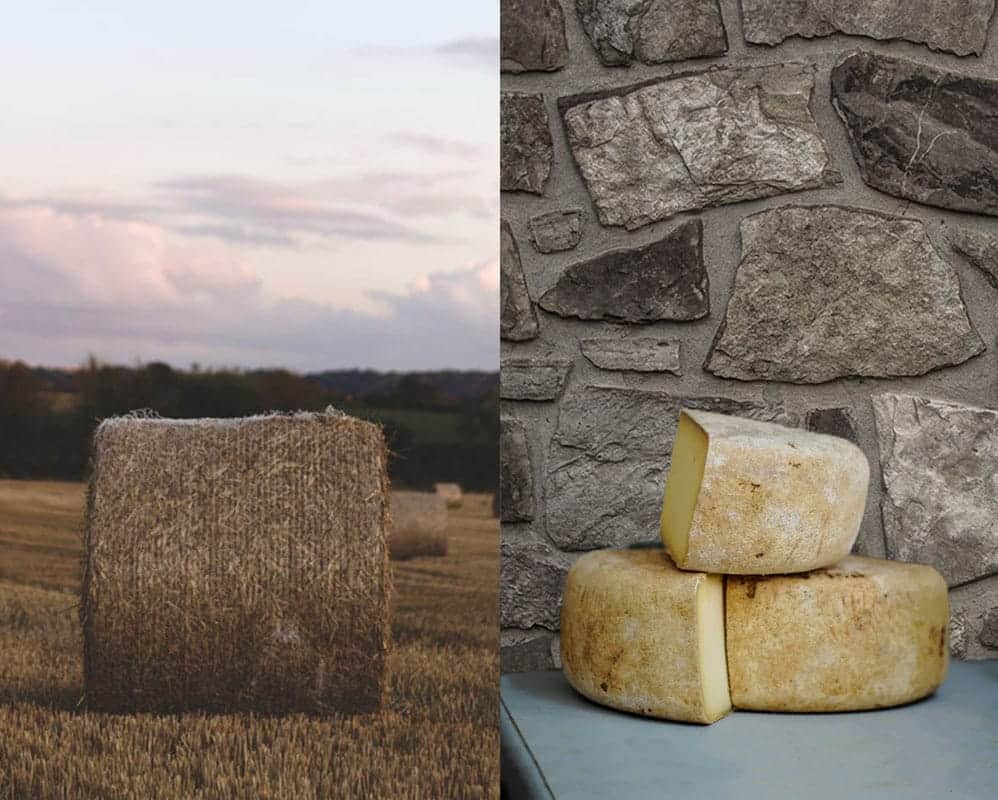 A bale of hay on the left and a block of cheese on the right