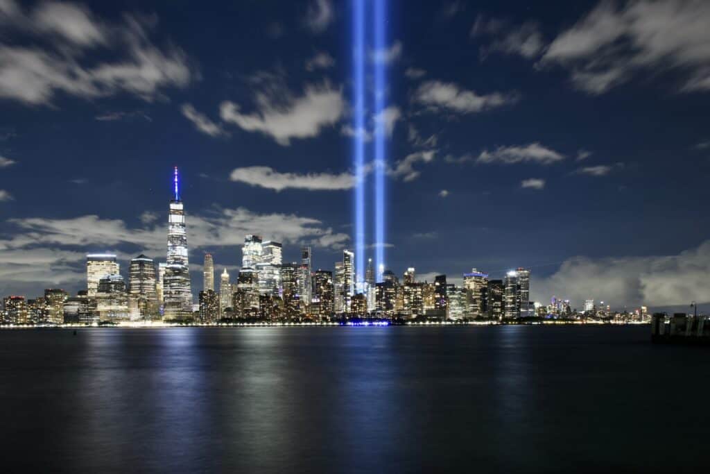 Manhattan skyline showing the lights where the World Trade Center used to be before 9/11
