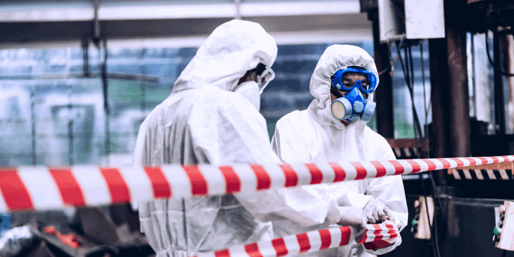 Workers with protective equipment closing up an asbestos company