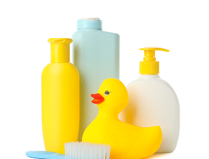 Three bottles representing hygiene products and a rubber duck