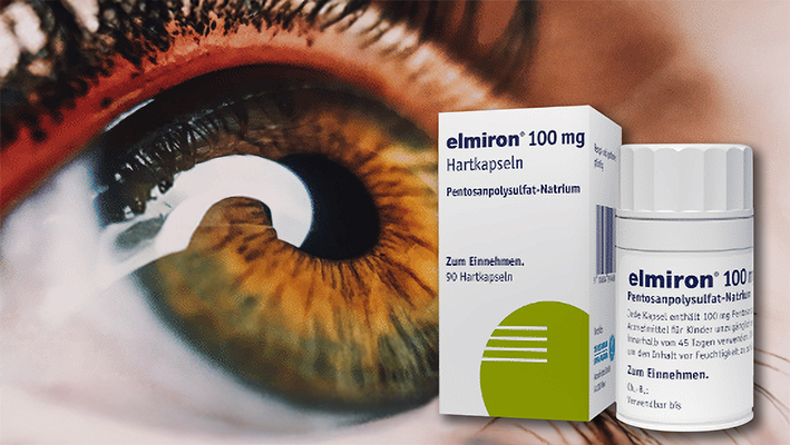 Elmiron medication bottle and a close-up eye