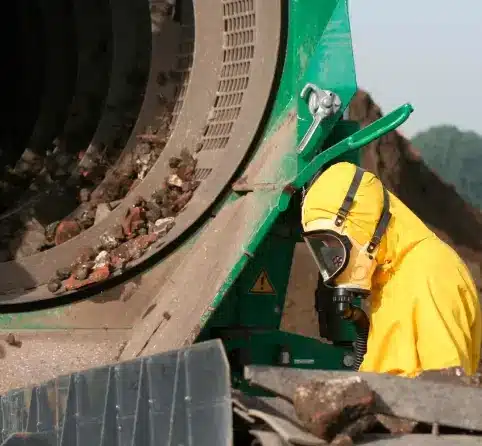 Worker in Safety Suit Next to Asbestos Materials