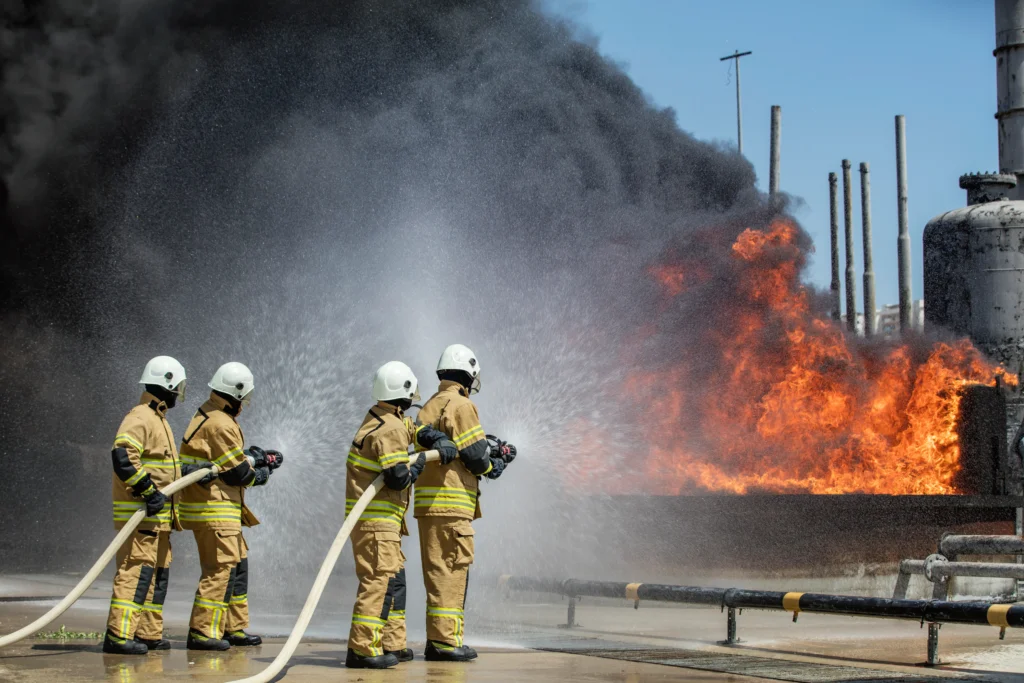 Firefighters trying to control a massive fire that resulted from a Texas refinery turnaround accident