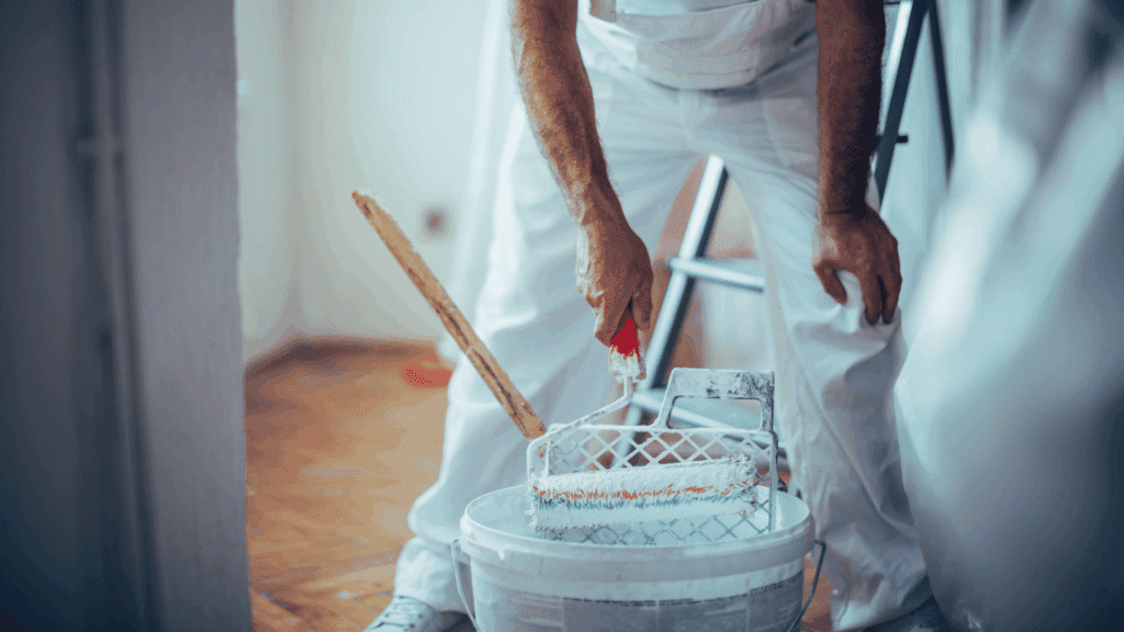 Painter working with white paint and potentially being exposed to asbestos