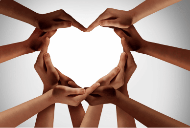 Multiple hands making a heart