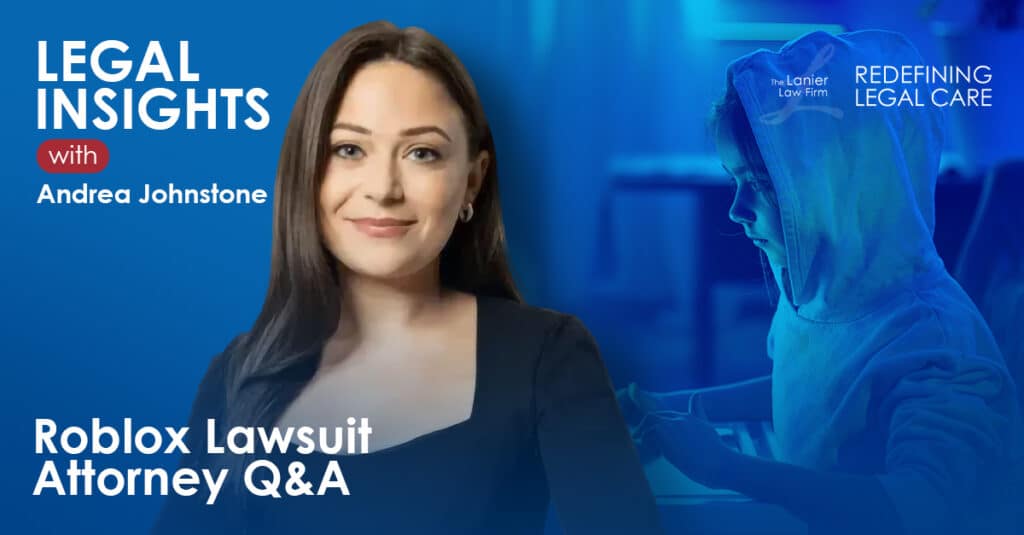 Headshot of Andrea Johnstone, attorney at The Lanier Law Firm, next to her name and the words "Legal Insights" and "Roblox Lawsuit Attorney Q&A"