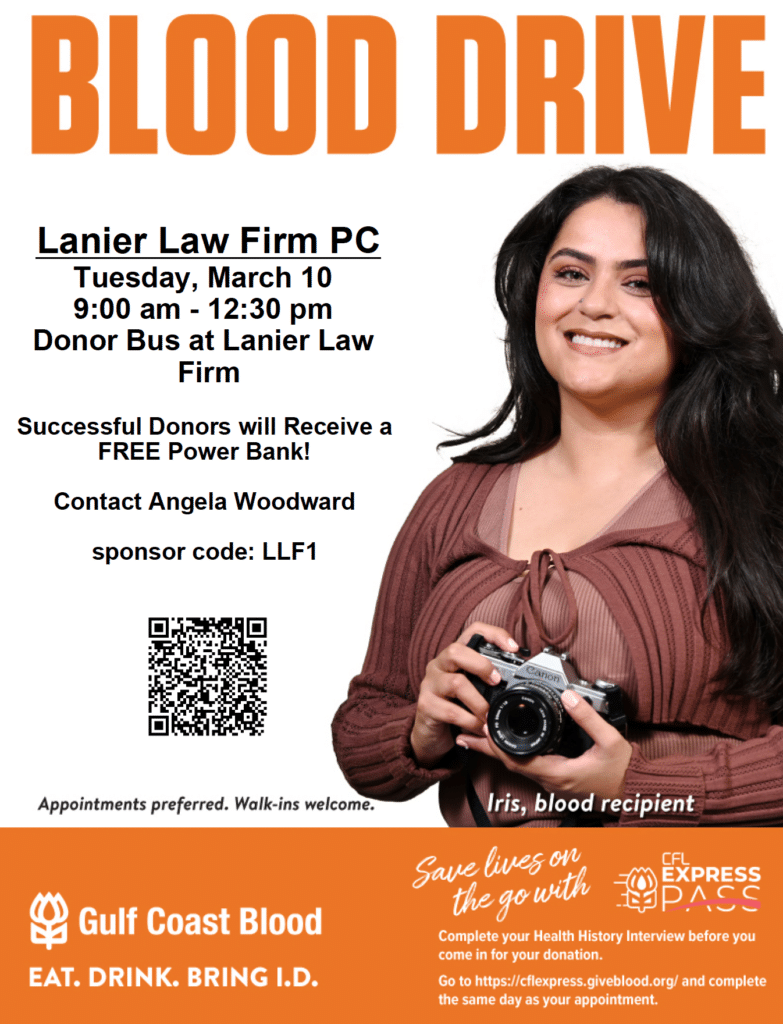 The Gulf Coast Regional Blood Center's Blood Drive on Tuesday, March 10, 2026, from the Lanier Law Firm brochure