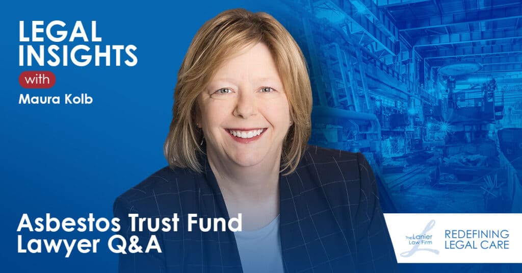 Headshot of Maura Kolb next to a factory of a bankrupt asbestos company and the words "Legal Insights with Maura Kolb" and "Asbestos Trust Fund Lawyer Q&A"