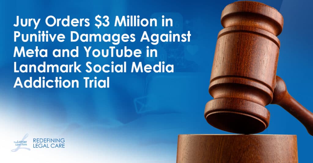 Wooden gavel with text that reads "Jury Orders $3 Million in Punitive Damages Against Meta and YouTube in Landmark Social Media Addiction Trial"