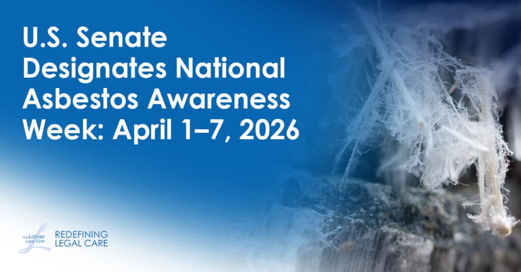 Image of asbestos fibers next to the words U.S. Senate Designates National Asbestos Awareness Week: April 1–7, 2026 and the Lanier Law Firm logo