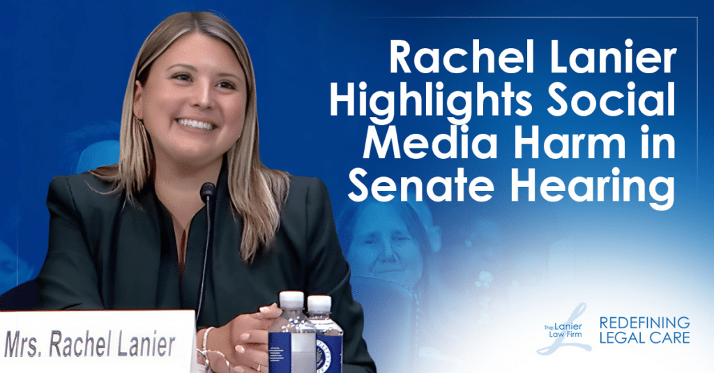 Headshot of Rachel Lanier at the Senate Judiciary Committee’s Subcommittee on Privacy, Technology, and the Law during a hearing titled “From the Courtroom to Congress: Why Landmark Social Media Verdicts Demand Federal Action to Protect Kids Online.” with water bottles and her name on a card