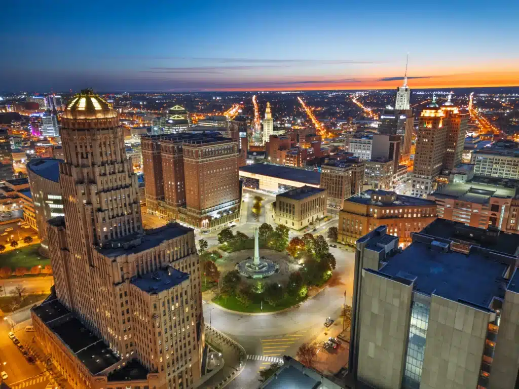 Buffalo city skyline at sunset