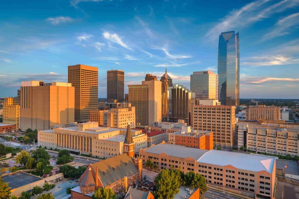 View of Oklahoma City buildings during the day with a clear sky