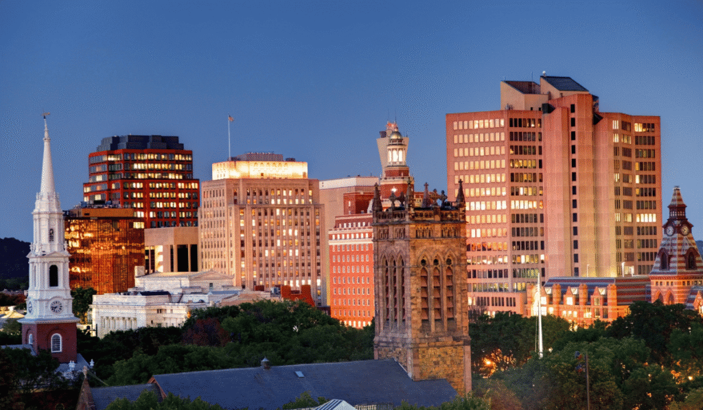 New Haven city skyline at dusk