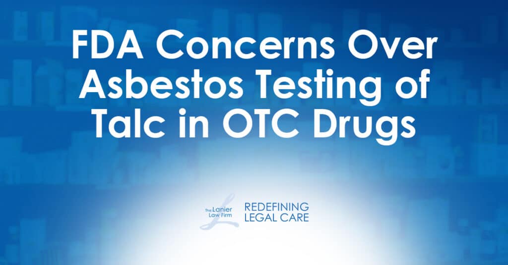 Featured image titled "FDA Concerns Over Asbestos Testing of Talc in OTC Drugs" featuring blue background and The Lanier Law Firm logo.