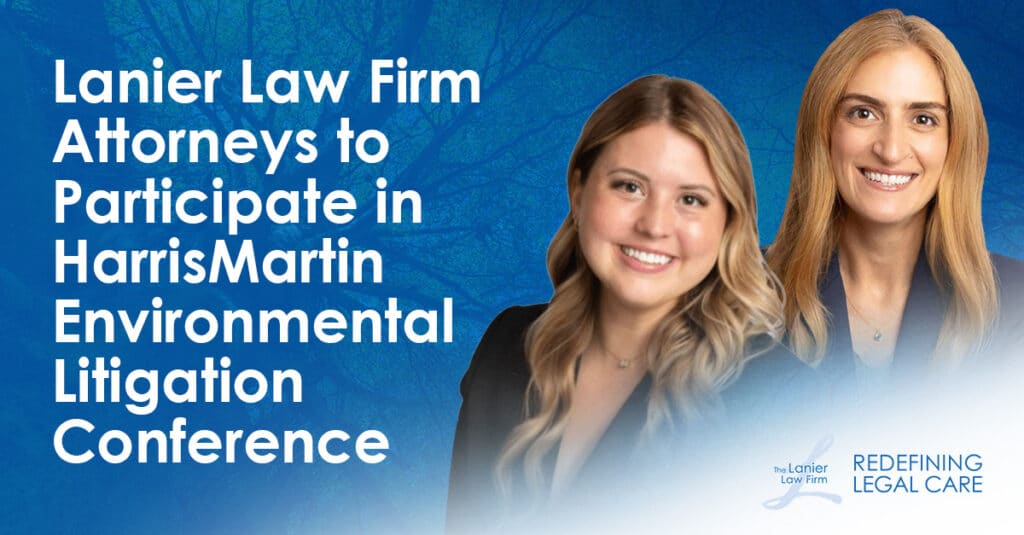 Promotional graphic for the HarrisMartin Environmental Litigation Conference featuring Lanier Law Firm attorneys Managing Attorney Rachel Lanier (left) and Senior Litigation Counsel Mariana Aroditis (right) over a blue nature background, with text reading "Lanier Law Firm Attorneys to Participate in HarrisMartin Environmental Litigation Conference" and the firm logo.